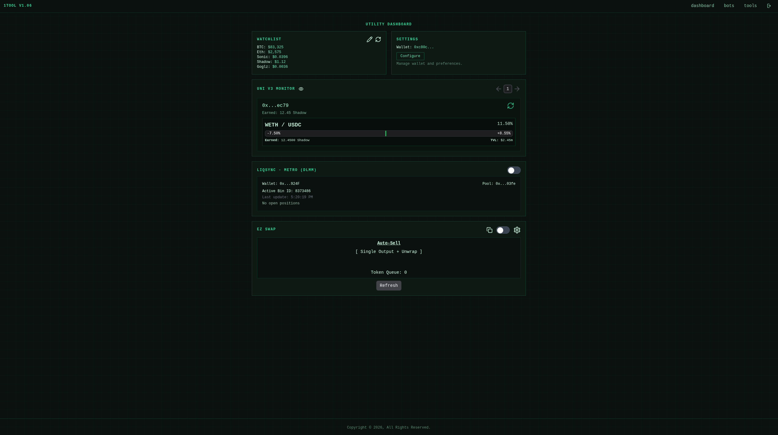 1Tool dashboard with a watchlist, a METRO/USDC liquidity position, and swap controls.