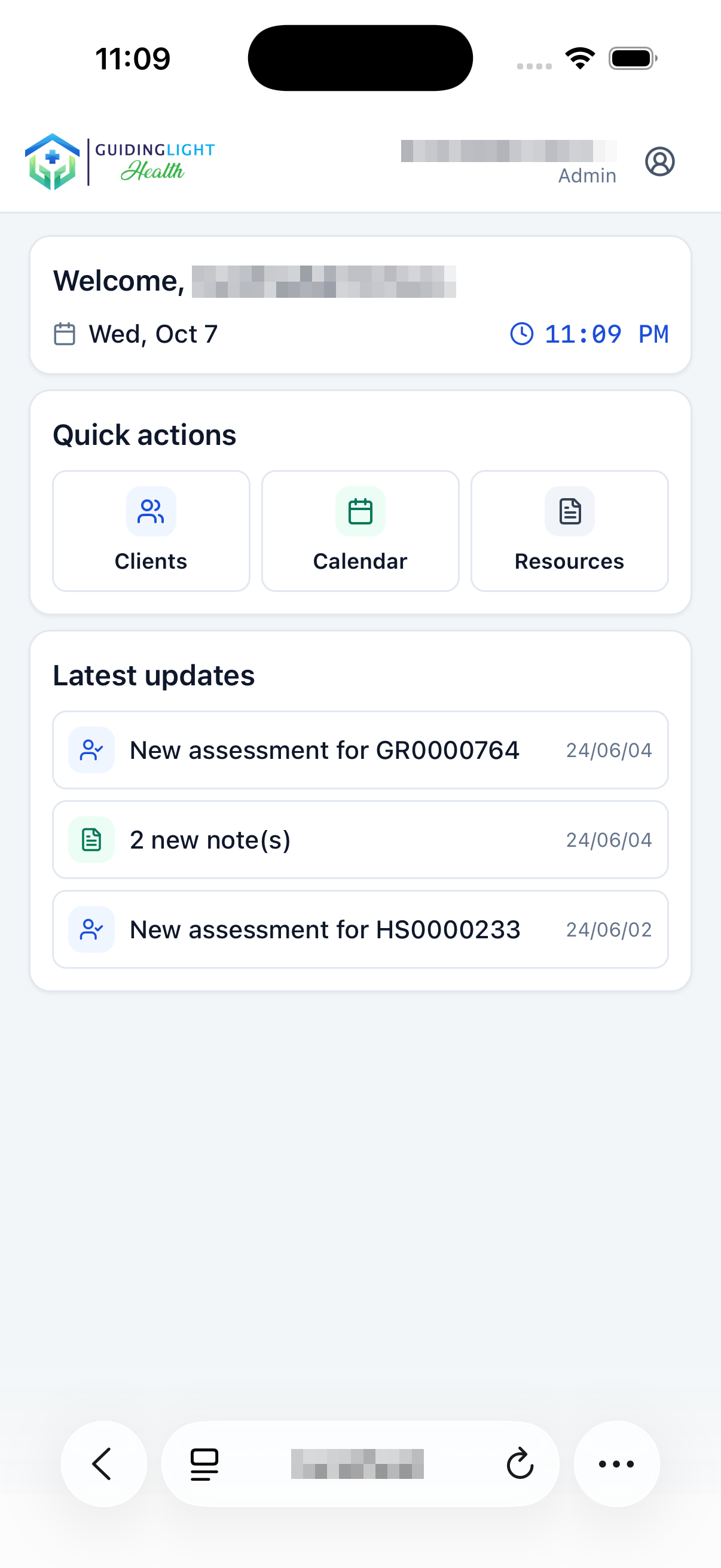 GLHC home with quick actions and recent assessment updates.
