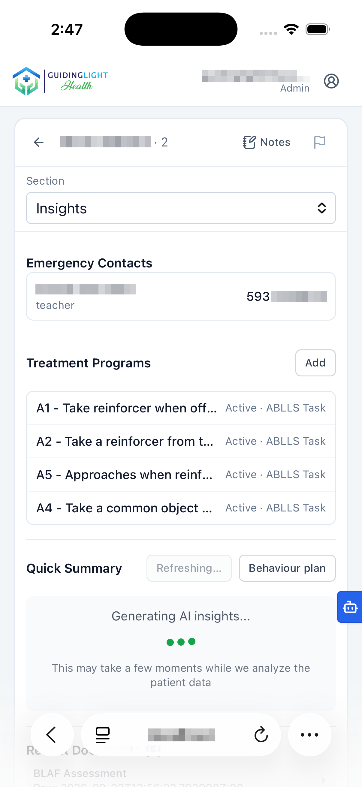 GLHC client screen with treatment programs and an AI summary in progress.