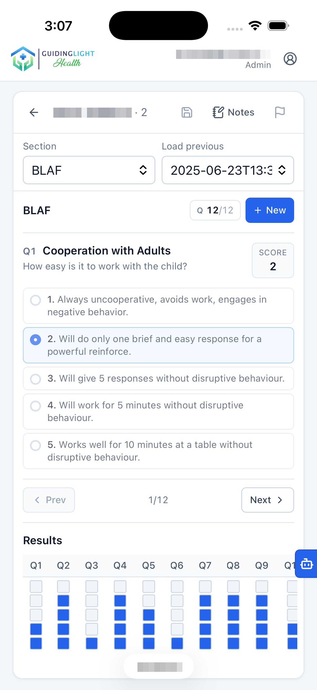 GLHC questionnaire with answer choices and a results chart.