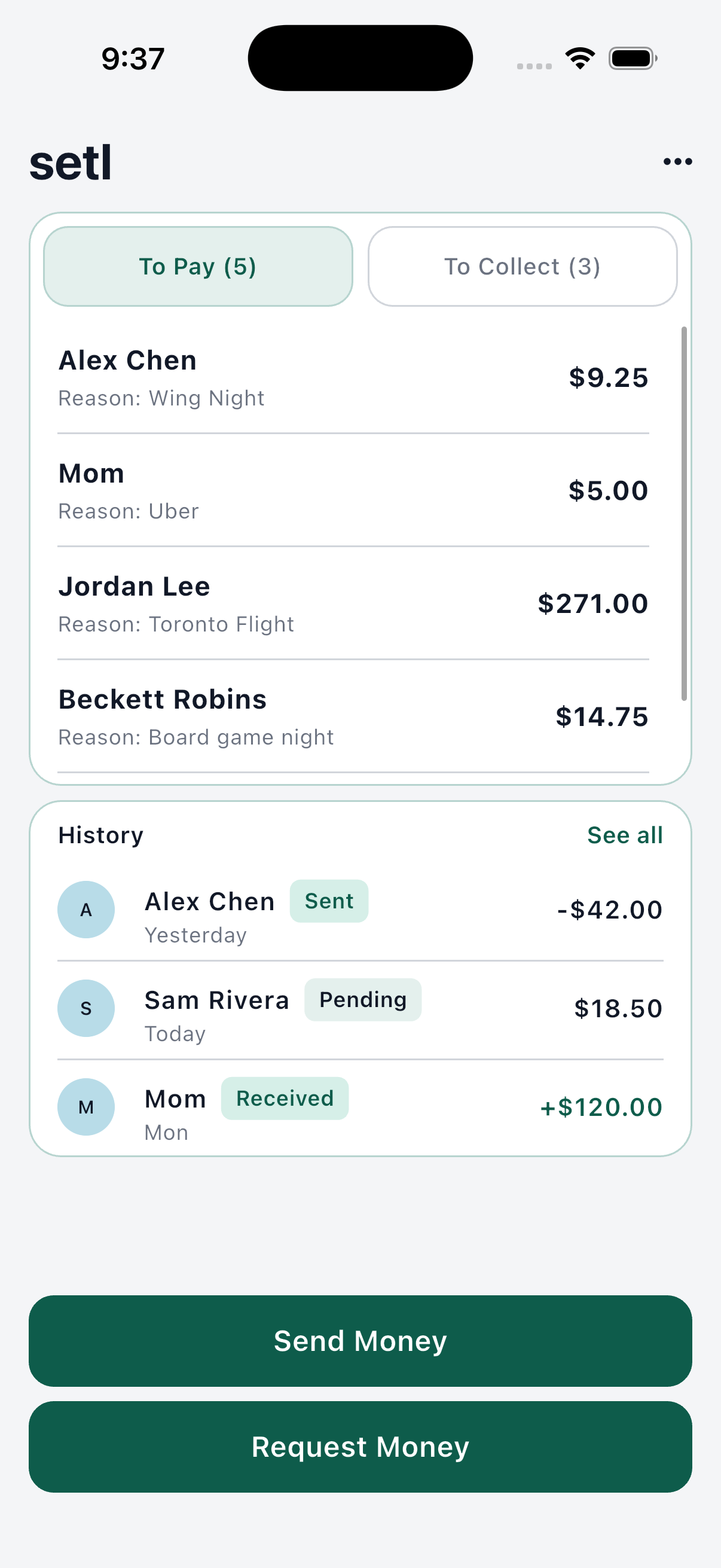 Setl home with amounts to pay and collect, and recent transfers.