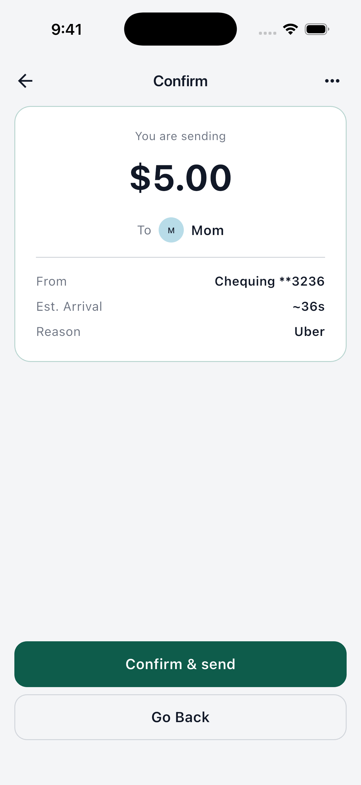 Setl confirmation screen before a transfer is sent.
